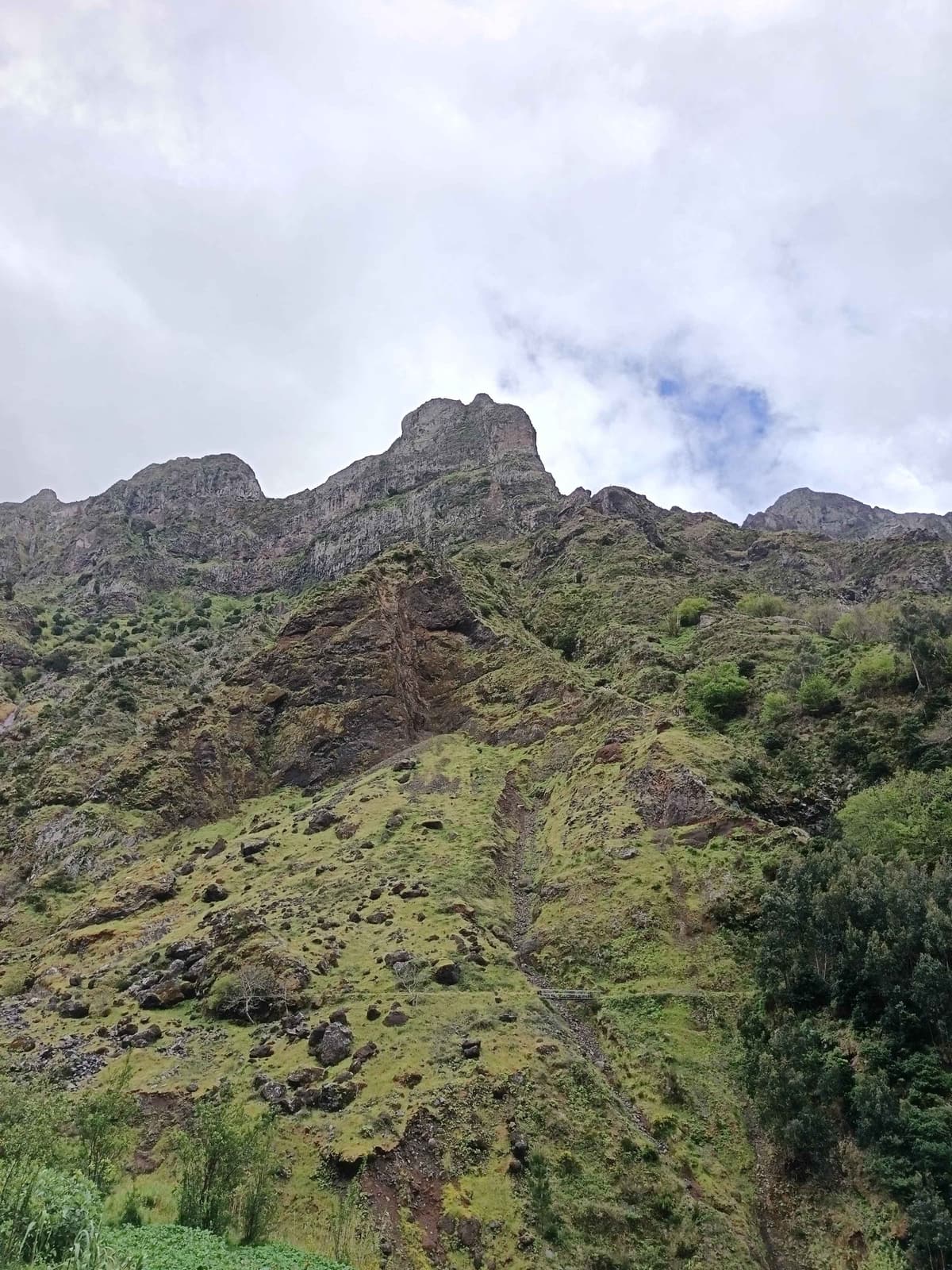 Sharp volcanic mountain peaks rising above the Curral das Freiras valley under a partly clouded sky